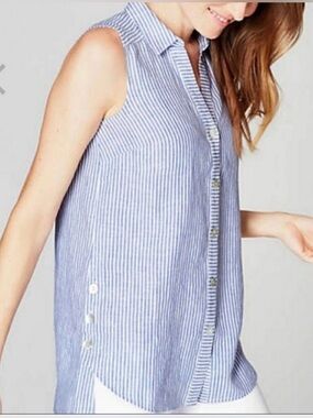 J. Jill Love Linen 100% Linen Striped Sleeveless Button-Down Shirt